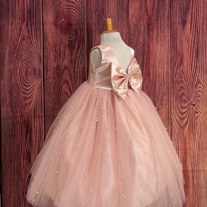 Blush Pearl Tulle V-Back Ankle Length Flower Girl Wedding Elegant Summer Birthday Ball Gown Pageant Infant Toddler Junior Girl Dress