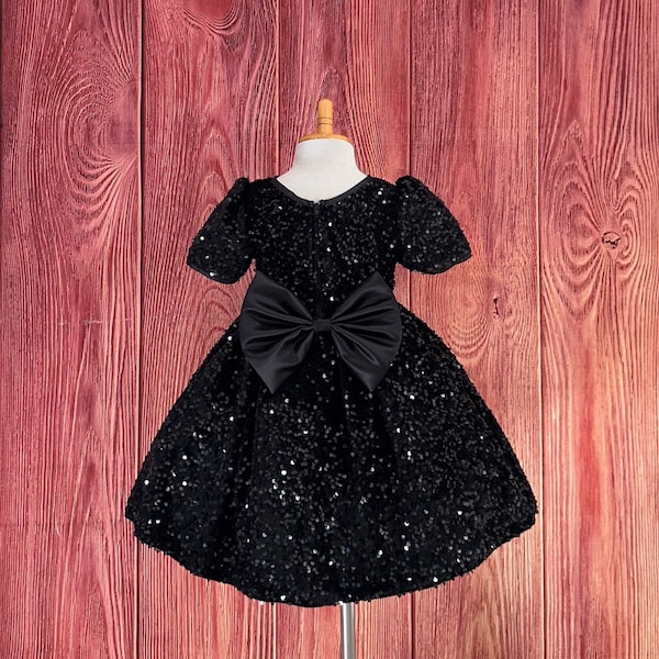 Black Elegant Velvet Sequin Flower Girl Wedding Knee Length Summer Birthday Trendy Infant Toddler Junior Girls Dress