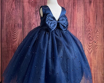 Navy Blue Pearl Tulle V-Back Ankle Length Flower Girl Wedding Summer Fall Winter Holiday Pageant Birthday Infant Toddler Junior Girl Dress