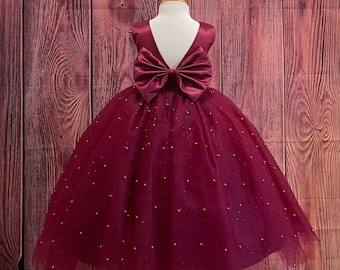 Burgundy V-Back Pearl Tulle Summer Flower Girl Wedding Birthday Pageant Winter Fall Ankle Length Infant Toddler Junior Princess Ball Gown