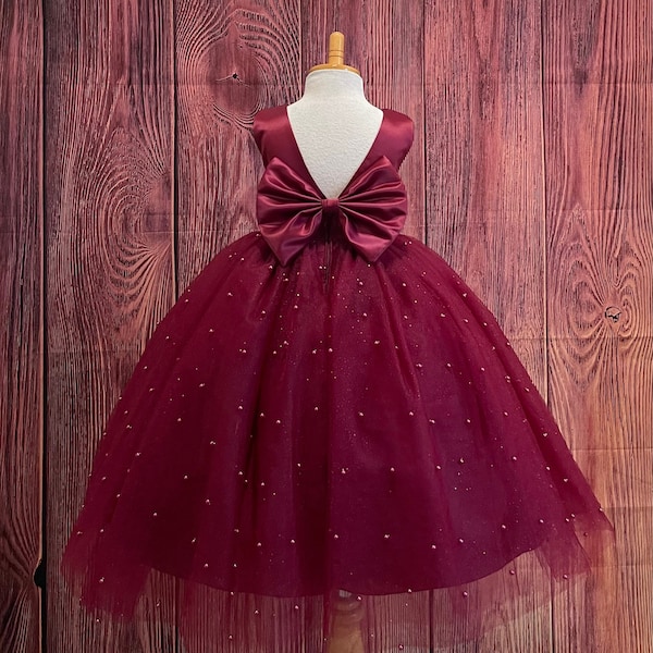 Burgundy V-Back Pearl Tulle Summer Flower Girl Wedding Birthday Pageant Winter Fall Ankle Length Infant Toddler Junior Princess Ball Gown