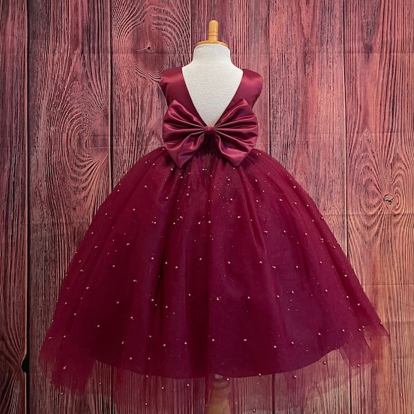 Burgundy Pearl 4 Layer Tulle V-Back Ankle Length Flower Girl Wedding Summer Pageant Birthday Princess Fall Winter Ball Gown Toddler Dress