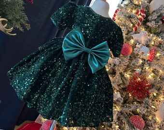 Julflicka Huntergrön Elegant Sammet Paljett Kortärmad Knälång Blommaflicka Fotografering Trendig Snurr Småbarns Födelsedagsklänning Stor Rosett