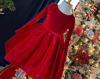 Christmas Photoshoot Red Velvet Elegant  Trendy Long Sleeve Knee Length Fall Winter Infant Toddler Junior Flower Girl Wedding Ballet Dress