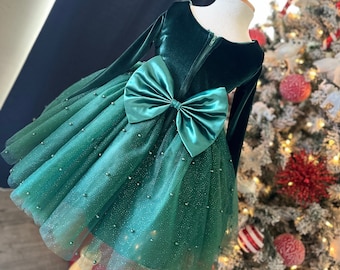 Hunter Green Velvet Tulle Pearl Knee Length Holiday Christmas Photoshoot Smash Cake Winter Toddler Junior Girls Dress