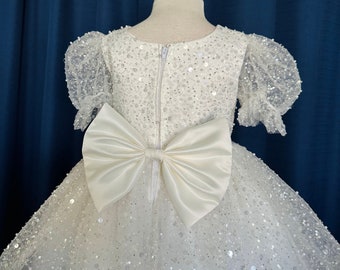 Ivory Pearl Sequin Tulle Cap Sleeve Elegant Flower Girl Bridal Communion Toddler Junior Girl Birthday Princess Pageant Christmas Dress