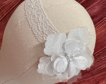 Diadema de flores con perlas 3D de encaje blanco para recién nacidas y niñas, accesorio vintage para bautizo, boda y bautismo