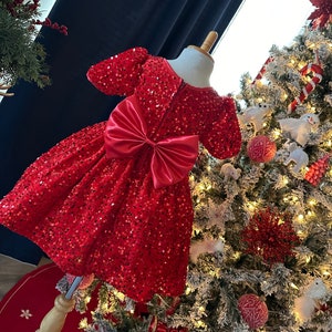 Christmas Girl Red Velvet Sequin Knee Length Winter Fall Flower Girl Toddler Junior Photoshoot Trendy Church Birthday Elegant Holiday Dress