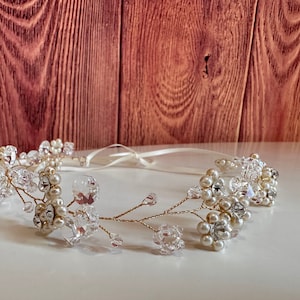 Ivory Flower Pearl Crystal Handmade Hair Headband Wedding Flower Girl Infant Toddler Junior One Size Elegant Hairpiece