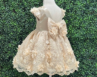 Champagne elegante floreale estivo con scollo a V al ginocchio compleanno ragazza di fiori matrimonio alla moda battesimo grande fiocco vestito da bambina per bambina