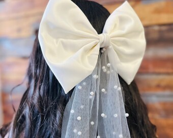 Ivory Elegant Bridal Pearl Tulle Big Glamour Bow Wedding Bachelorette Party Bride Veil Tulle Summer Hair Clip Accessory