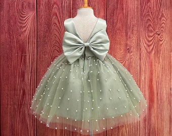 Sage Tulle Elegant V-Back Pearl Knee Length Wedding Flower Girl Birthday Trendy Church Summer Fall Big Bow Infant Toddler Junior Girl Dress