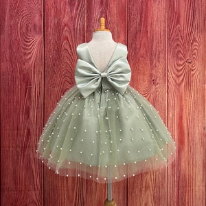 Sage Tulle Elegant V-Back Pearl Knee Length Wedding Flower Girl Birthday Trendy Church Summer Fall Big Bow Infant Toddler Junior Girl Dress