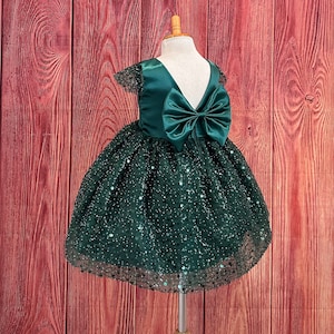 Hunter Green Pearl Sequin V-Back Knee Length Elegant Toddler Summer Wedding Birthday Princess Flower Girl Christmas Fall Church Girl Dress