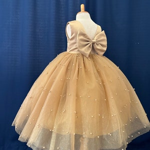 Gold Elegant Pearl Tulle V-Back Ankle Length Sleeveless Flower Girl Wedding Pageant Christmas Holiday Photoshoot BallGown Toddler Girl Dress