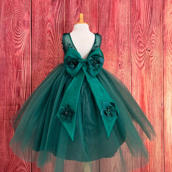 Hunter Green 4 Layer Tulle Ankle Length Elegant Wedding Flower Girl 3D Floral Big Bow Christmas Fall Winter Photoshoot Birthday Girl Dress