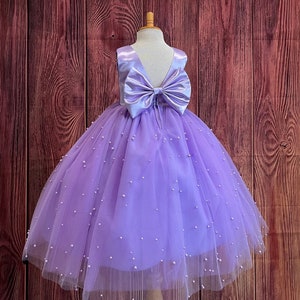 Lilac Ankle Length Pearl Tulle V-Back Wedding Flower Girl Pageant Birthday Princess Holiday Summer Easter Spring Ball Gown Toddler Junior