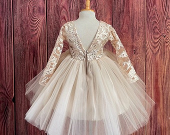 Vestido de princesa para niña pequeña, de manga larga, con encaje color champán, de 4 capas de tul, hasta la rodilla, para verano, bodas, fiestas, invierno, cumpleaños
