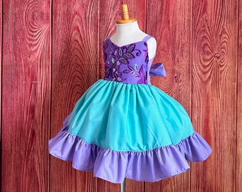 Púrpura y Aqua bordado sirena inspirada hasta la rodilla Cosplay Halloween vestir traje de niña pequeña princesa cumpleaños vestido de verano de moda