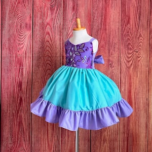 Purple & Aqua Embroidery Mermaid Inspired Knee Length Cosplay Halloween Dress Up Toddler Girl Costume Princess Birthday Trendy Summer Dress