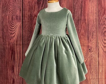 Sage Velvet Knee Length Spring Summer Easter Holiday Wedding Flower Girl Trendy Chic Infant Toddler Girl Christmas Birthday Photoshoot