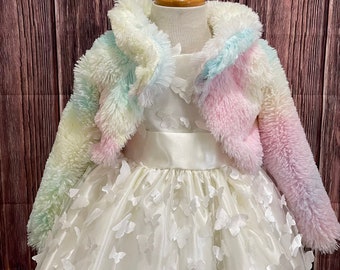 Faux Fur Long Sleeve Soft Elegant Pastel Rainbow Jacket Toddler Girl Junior Flower Girl Trendy Chic Summer Birthday Photoshoot Winter Coat