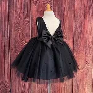 Black Pearl 4 Layer Tulle V-Back Knee Length Summer Wedding Fall Elegant Pageant Birthday Girl Trendy Big Bow  Princess Holiday Dress