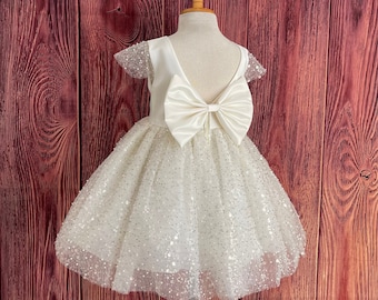 Ivory Sequin Tulle Pearl V-Back Cap Sleeve Knee Length Flower Girl Summer Church Wedding Birthday Photoshoot Communion Baptism Girl Dress