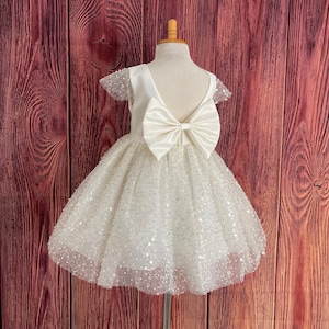 Ivory Sequin Pearl Tulle V-Back Cap Sleeve Knee Length Flower Girl Summer Church Wedding Birthday Photoshoot Communion Baptism Girl Dress