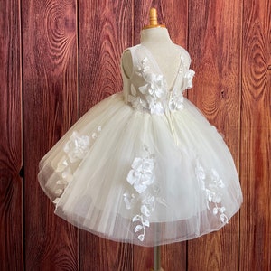 Ivory Floral Embroidery Tulle V-Back Classic Flower Girl Wedding Communion Baptism Birthday Church Toddler Girl Summer Infant Girl Dress