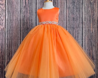 Orange Wedding Flower Girl Summer 4 Layer Tulle Holiday Pageant Elegant Princess Inspired Infant Toddler Junior Birthday Fall Girl Dress