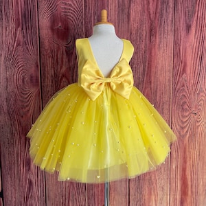Yellow 4 Layer Pearl Tulle V-Back Knee Length Flower Girl Summer Easter Spring Princess Infant Toddler Photoshoot Trendy Chic Girls Dress