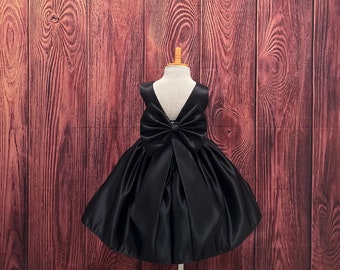 Black Elegant V-Back Knee Length Satin Church Wedding Flower Girl Summer Trendy  Sophisticated Birthday Photoshoot Smash Cake Girl Dress