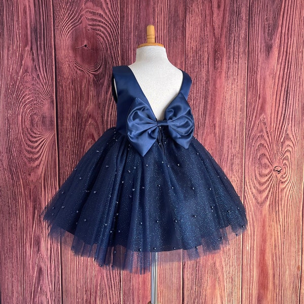 Navy Blue Elegant 4 Layer Tulle V-Back Knee Length Wedding Trendy Summer Holiday Pageant Infant Toddler Princess Photoshoot Girl Dress