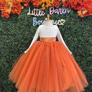 Burnt Orange 4 Layer Tulle Ankle Ivory Velvet Long Sleeve Bodice Flower Girl Fall Wedding Holiday Toddler Junior Pageant Photoshoot Dress