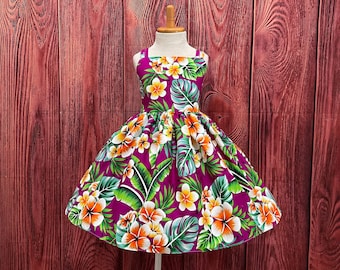 Lila / Orange Hawaiianische Blumen Sommer Tropische Insel Trendy Palme Blumenmädchen Hawaiianische Geburtstagsparty Kleinkind Junior knielanges Kleid