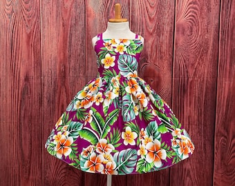 Purple /Orange Hawaiian Flower Summer Tropical Island Trendy Palm Tree Flower Girl Hawaiian Birthday Party Toddler Junior Knee Length Dress