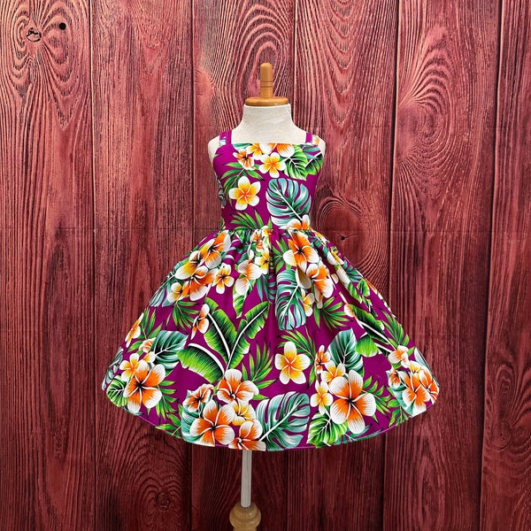 Purple /Orange Hawaiian Flower Summer Tropical Island Trendy Palm Tree Flower Girl Hawaiian Birthday Party Toddler Junior Knee Length Dress