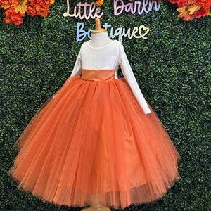 Burnt Orange 4 Layer Tulle Ankle Ivory Velvet Long Sleeve Bodice Flower Girl Fall Wedding Holiday Toddler Junior Pageant Photoshoot Dress