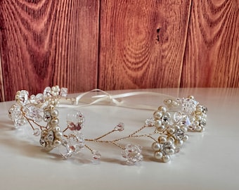 Ivory Flower Pearl Crystal Handmade Hair Headband Wedding Flower Girl Infant Toddler Junior One Size Elegant Hairpiece