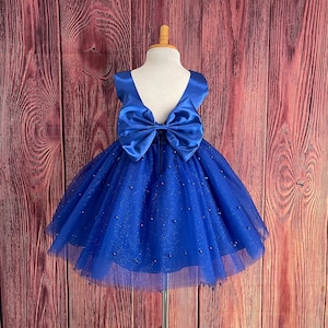 Royal Blue V-Back Pearl Tulle Knee Length Big Bow Flower Girl Spring Summer Holiday Pageant Birthday Girl Princess Infant Toddler Girl Dress