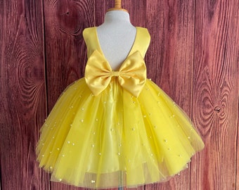 Yellow 4 Layer Pearl Tulle Knee Length Big Bow Summer Easter Spring Photoshoot Trendy Holiday Wedding Flower Girl Infant Toddler Dress