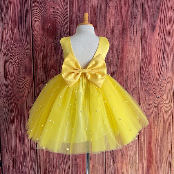 Yellow 4 Layer Pearl Tulle Knee Length Big Bow Summer Easter Spring Photoshoot Trendy Holiday Wedding Flower Girl Infant Toddler Dress