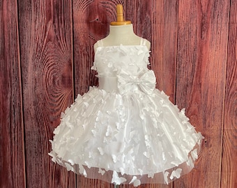 White 3D Butterfly Knee Length Tulle Spaghetti Strap Flower Girl Modern Communion Baptism Birthday Flower Girl Spring Easter Summer Dress