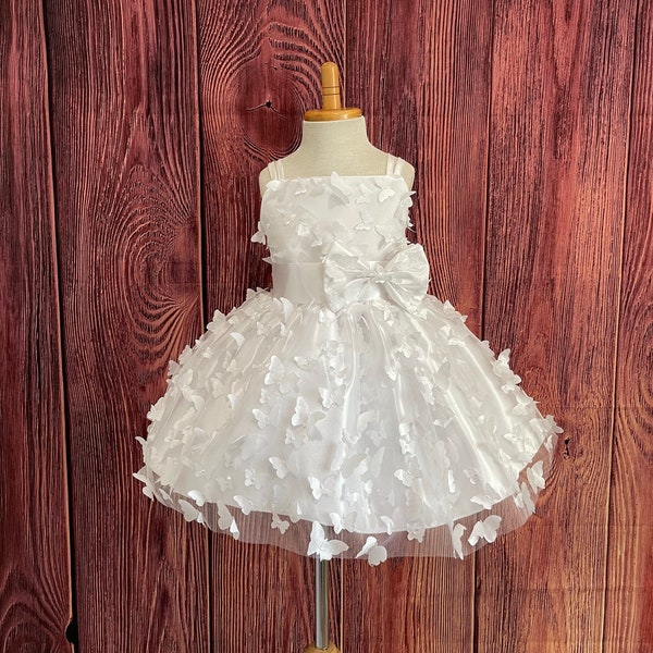 White 3D Butterfly Knee Length Tulle Spaghetti Strap Flower Girl Modern Communion Baptism Birthday Flower Girl Spring Easter Summer Dress