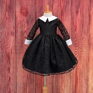 Black Elegant Vintage Gothic Cosplay Floral Lace Knee Length White Collar Infant Toddler Junior Birthday Halloween Church Girl Dress