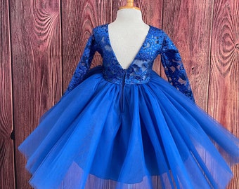 Royal Blue Long Sleeve Lace Knee Length V-Back Tulle Summer Wedding Flower Girl Holiday Pageant Birthday Princess Infant Toddler Girl Dress