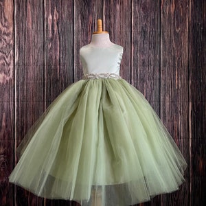 Sage 4 Layer Tulle Flower Girl Spring Easter Photoshoot Summer Wedding Pageant Toddler Girl Elegant Smash Cake Trendy Chic Girls Dress