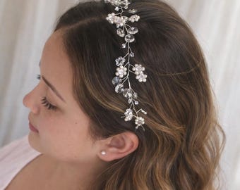 Ivory Pearl Flower Crystal Handmade Hair Headband Wedding Flower Girl Infant Toddler Junior One Size Hairpiece