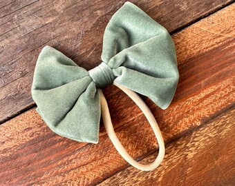 Sage Velvet Big Bow Nude Nylon Headband Hair Accessory Elegant Flower Girl Summer Fall Winter All Day Wear Baby Girl Newborn Toddler Girl